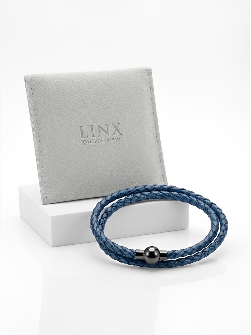 Linx Double Wrap Blue/Black Leather Braided Cord Bracelet Black Magnetic Clasp